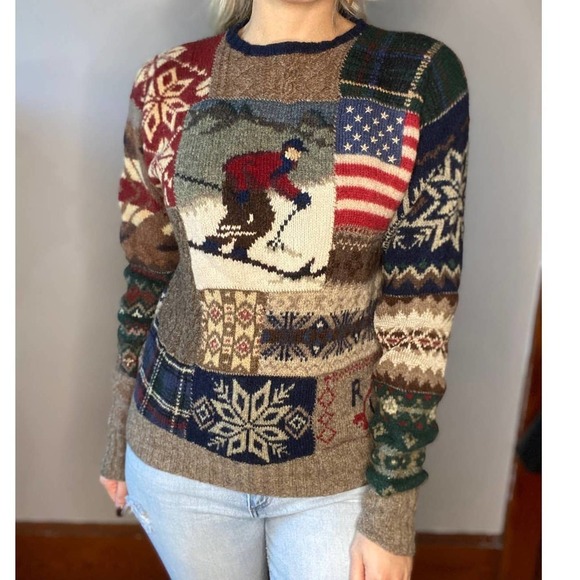 RARE VINTAGE Polo Ralph Lauren Hand Knit Wool Linen Ski Sweater -